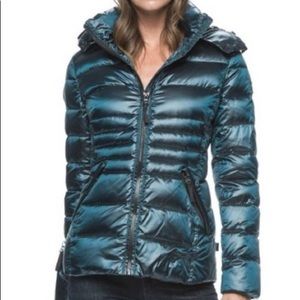 Andrew Marc Womens Down Teal Puffer Jacket with Detachable Hood